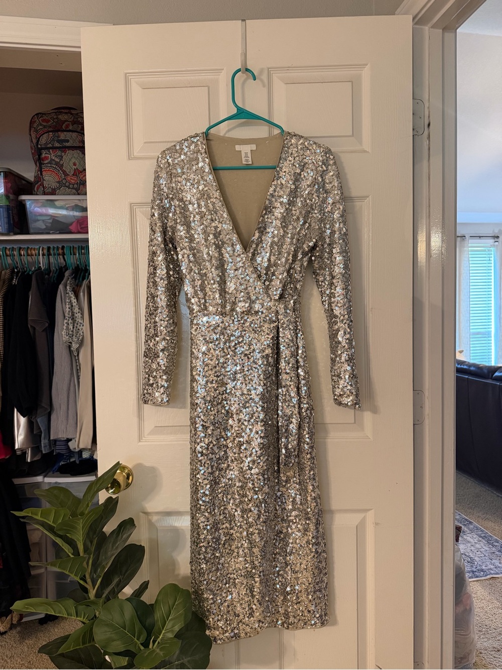 H&M Silver Sequin V-Neck Long Sleeve Wrap Midi Dress